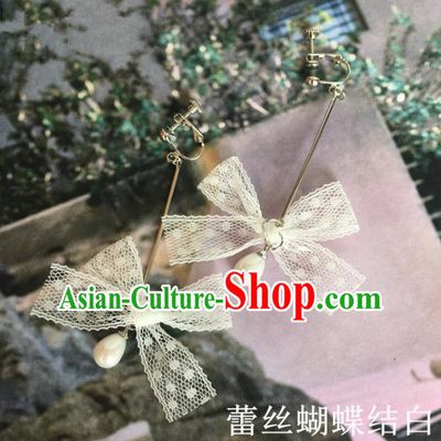 Handmade Wedding Accessories White Lace Bowknot Pearls Tassel Earrings, Bride Ceremonial Occasions Vintage Eardrop for Women