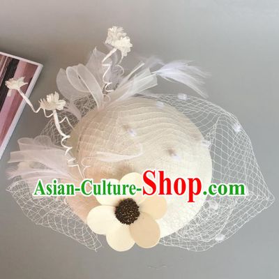 Handmade Baroque Hair Accessories Flowers White Top Hats, Bride Ceremonial Occasions Headwear for Women