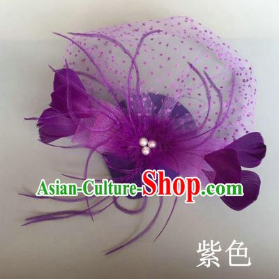 Handmade Baroque Hair Accessories Purple Feather Headwear, Bride Ceremonial Occasions Top Hat for Kids