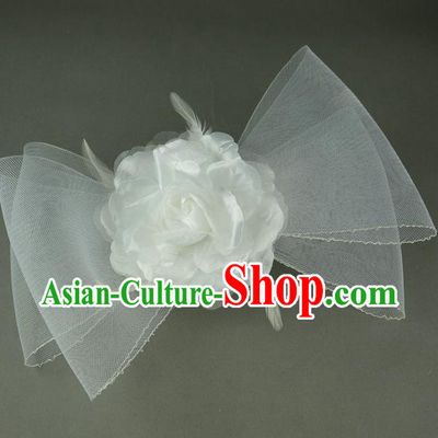 Handmade Baroque Hair Accessories White Veil Bowknot Headwear, Bride Ceremonial Occasions Hair Stick for Kids