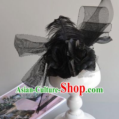 Top Grade Handmade Wedding Hair Accessories Black Veil Headwear, Baroque Style Bride Feather Hair Stick for Women