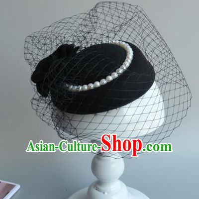 Top Grade Handmade Wedding Hair Accessories Black Veil Headwear, Baroque Style Bride Pearls Top Hat for Women
