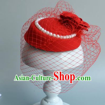 Top Grade Handmade Wedding Hair Accessories Red Veil Headwear, Baroque Style Bride Pearls Top Hat for Women