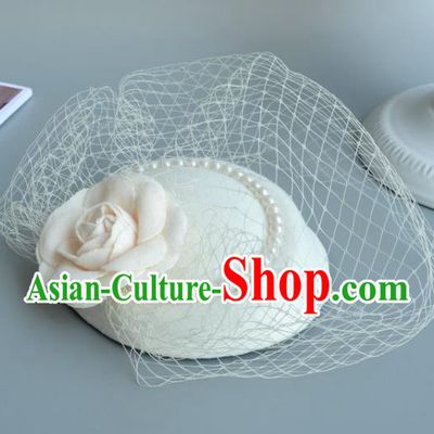 Top Grade Handmade Wedding Hair Accessories White Veil Headwear, Baroque Style Bride Pearls Top Hat for Women
