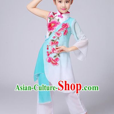 Traditional Chinese Classical Yangge Fan Dance Costume, Children Folk Dance Uniform Yangko Green Embroidery Clothing for Kids