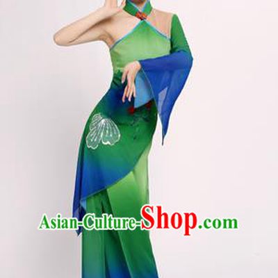 Traditional Chinese Classical Yangge Fan Dance Costume, China Folk Lotus Dance Uniform Yangko Green Clothing for Women
