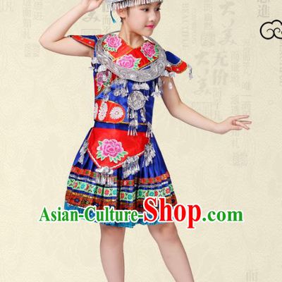 Traditional Chinese Miao Nationality Dance Costume, Hmong Children Folk Dance Ethnic Pleated Skirt Embroidery Clothing for Kids