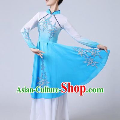 Traditional Chinese Classical Yangge Fan Dance Embroidered Costume, Folk Dance Uniform Classical Dance Blue Clothing for Women