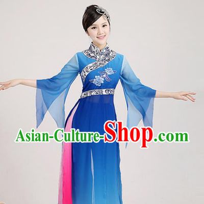 Traditional Chinese Classical Yangge Dance Embroidered Costume, Folk Fan Dance Uniform Classical Dance Blue Clothing for Women