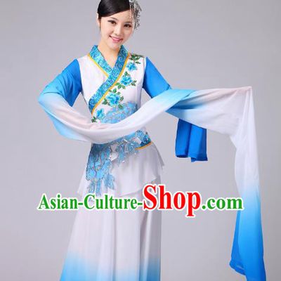 Traditional Chinese Classical Yangge Fan Dance Embroidered Costume, Folk Dance Uniform Classical Dance Water Sleeve Blue Clothing for Women