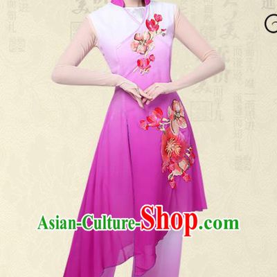 Traditional Chinese Classical Yangge Fan Dance Embroidered Costume, Folk Dance Uniform Classical Dance Purple Clothing for Women