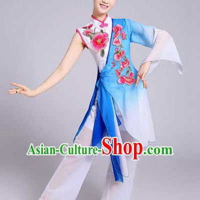 Traditional Chinese Classical Yangge Fan Dance Embroidered Costume, Folk Dance Uniform Classical Dance Blue Clothing for Women