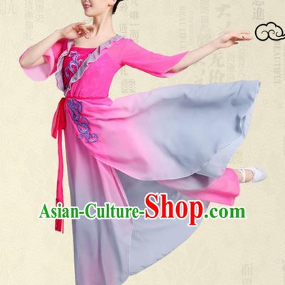 Traditional Chinese Yangge Fan Dance Embroidered Costume, Folk Dance Uniform Classical Dance Pink Dress Clothing for Women