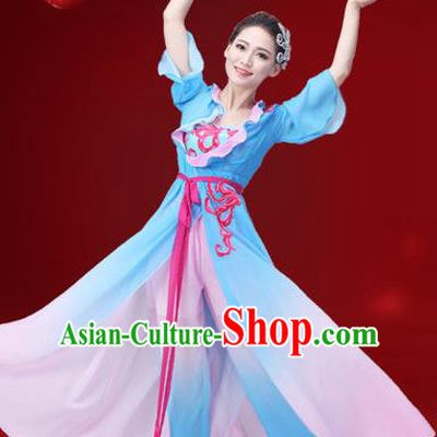 Traditional Chinese Yangge Fan Dance Embroidered Costume, Folk Dance Uniform Classical Dance Blue Dress Clothing for Women