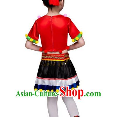 Traditional Chinese Miao Nationality Dance Costume, Children Folk Dance Ethnic Pleated Skirt Embroidery Red Clothing for Kids