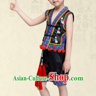 Traditional Chinese Miao Nationality Dance Costume, Children Folk Dance Ethnic Embroidery Black Clothing for Boys