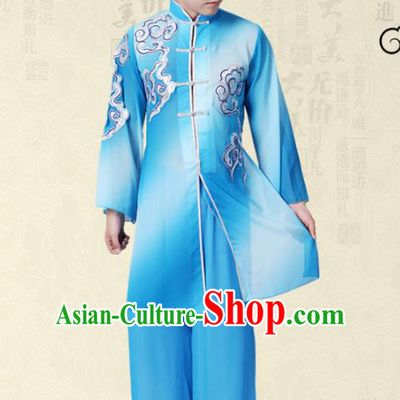 Traditional Chinese Classical Yangge Fan Dance Costume, Folk Dance Uniform Drum Dance Blue Clothing for Men