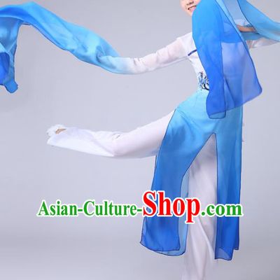 Traditional Chinese Classical Yangge Fan Dance Costume, Folk Dance Uniform Classical Dance Water Sleeve Blue Clothing for Women