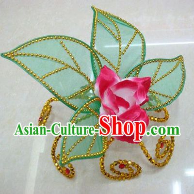 Top Grade Handmade Chinese Folk Dance Hair Accessories, China Yangge Fan Dance Rosy Flower Headwear for Women