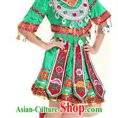 Traditional Chinese Miao Nationality Dance Costume, Hmong Children Folk Dance Ethnic Pleated Skirt Embroidery Green Clothing for Kids