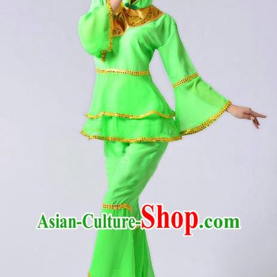 Traditional Chinese Yangge Fan Dance Mandarin Sleeve Costume, Folk Umbrella Dance Uniform Classical Dance Green Clothing for Women