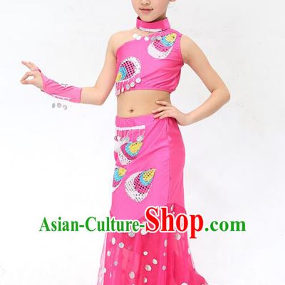 Traditional Chinese Dai Nationality Peacock Dance Pink Costume, Folk Dance Ethnic Pavane Clothing Minority Dance Dress for Kids