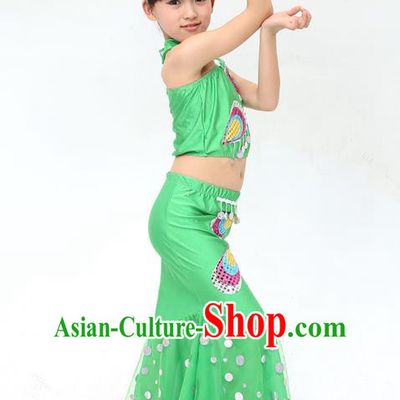 Traditional Chinese Dai Nationality Peacock Dance Green Costume, Folk Dance Ethnic Pavane Clothing Minority Dance Dress for Kids