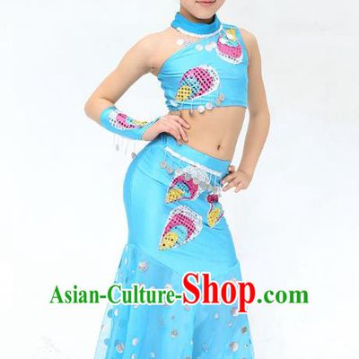 Traditional Chinese Dai Nationality Peacock Dance Blue Costume, Folk Dance Ethnic Pavane Clothing Minority Dance Dress for Kids