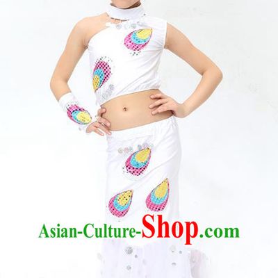 Traditional Chinese Dai Nationality Peacock Dance White Costume, Folk Dance Ethnic Pavane Clothing Minority Dance Dress for Kids