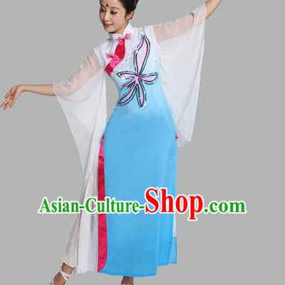 Traditional Chinese Yangge Fan Dance Mandarin Sleeve Costume, Folk Umbrella Dance Uniform Classical Dance Blue Dress Clothing for Women