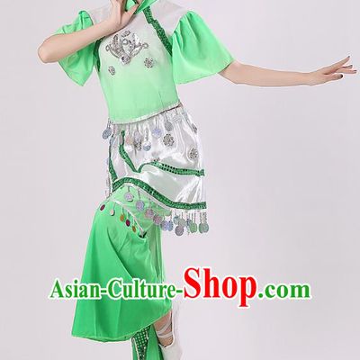 Traditional Chinese Yangge Fan Dance Mandarin Sleeve Costume, Folk Umbrella Dance Green Uniform Classical Dance Clothing for Women