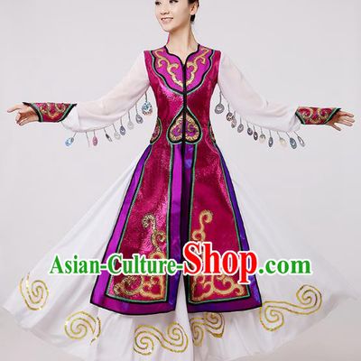 Traditional Chinese Mongol Nationality Dance Costume, Mongols Folk Dance Ethnic Pleated Skirt Mongolian Minority Embroidery Clothing for Women