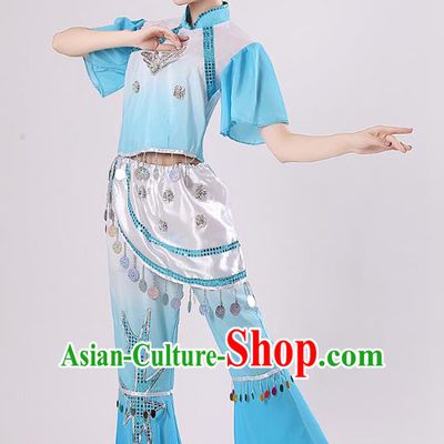 Traditional Chinese Yangge Fan Dance Mandarin Sleeve Costume, Folk Umbrella Dance Blue Uniform Classical Dance Clothing for Women