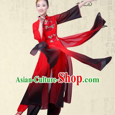 Traditional Chinese Yangge Fan Dance Ink Painting Costume, Folk Dance Orange Uniform Classical Dance Red Clothing for Women
