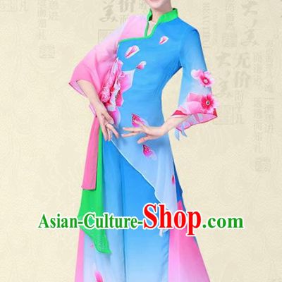 Traditional Chinese Yangge Fan Dance Ink Painting Costume, Folk Umbrella Dance Uniform Classical Dance Blue Clothing for Women