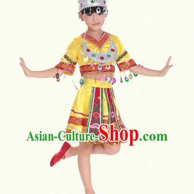 Traditional Chinese Miao Nationality Dance Costume, Hmong Children Folk Dance Ethnic Yellow Pleated Skirt Embroidery Clothing for Kids