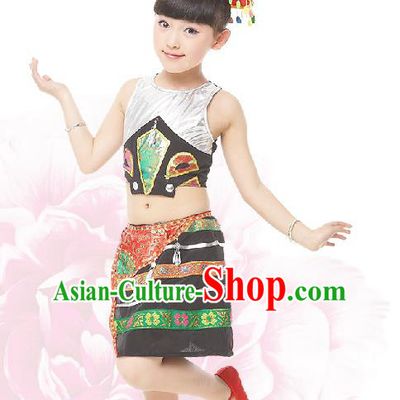 Traditional Chinese Dai Nationality Dance Costume, Children Folk Dance Ethnic Drum Dance Embroidery Clothing for Kids