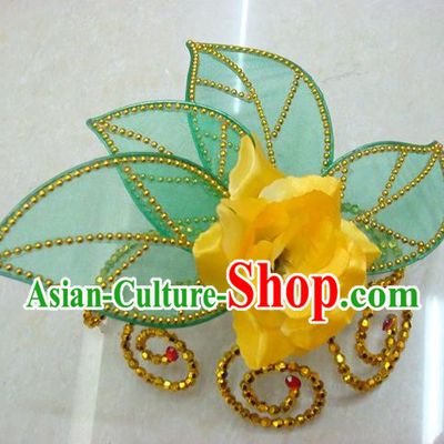 Top Grade Handmade Chinese Folk Dance Hair Accessories, China Yangge Fan Dance Yellow Flower Headwear for Women