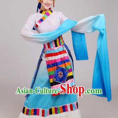 Traditional Chinese Zang Nationality Dance Costume, China Tibetan Minority Embroidery Water Sleeve Blue Dress for Women