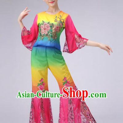 Traditional Chinese Yangge Dance Embroidered Costume, Folk Fan Dance Pink Uniform Classical Umbrella Dance Clothing for Women