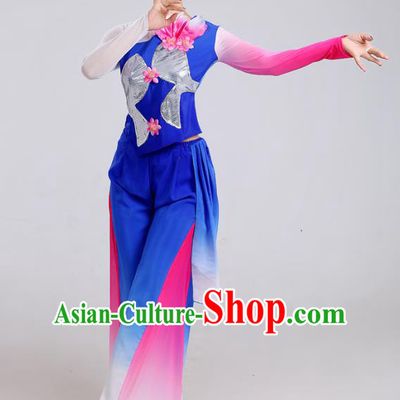 Traditional Chinese Yangge Dance Embroidered Deep Blue Costume, Folk Fan Dance Uniform Classical Umbrella Dance Clothing for Women