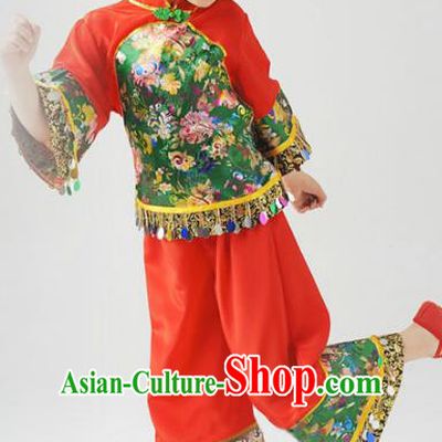 Traditional Chinese Classical Yangge Dance Embroidered Costume, Folk Dance Uniform Drum Dance Red Clothing for Kids
