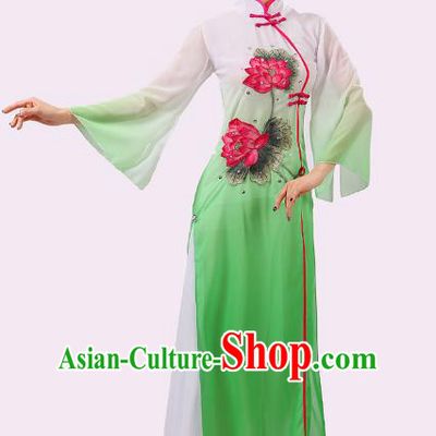 Traditional Chinese Umbrella Dance Green Embroidered Lotus Costume, Folk Fan Dance Uniform Classical Dance Dress Clothing for Women