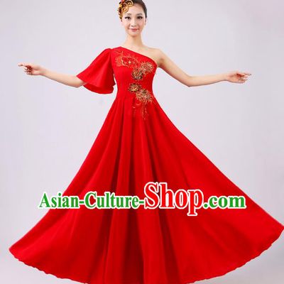 Top Grade Modern Dance Professional Competition Costume, Opening Dance Red Big Swing Chorus Dress for Women