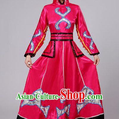 Traditional Chinese Mongol Nationality Dance Costume, China Mongolian Minority Embroidery Rosy Dress Clothing for Women