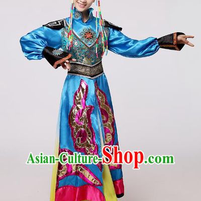 Traditional Chinese Mongol Nationality Dance Blue Costume, China Mongolian Minority Embroidery Long Dress Clothing for Women