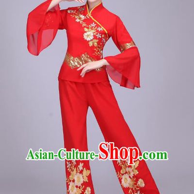 Traditional Chinese Yangge Dance Embroidered Costume, Folk Fan Dance Red Uniform Classical Dance Clothing for Women