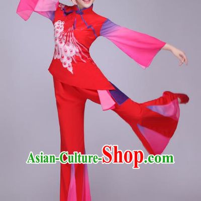 Traditional Chinese Yangge Dance Embroidered Costume, Folk Fan Dance Red Mandarin Sleeve Uniform Classical Dance Clothing for Women