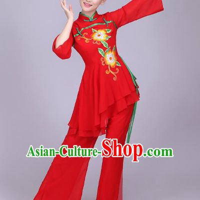 Traditional Chinese Yangge Dance Embroidered Peony Costume, Folk Fan Dance Red Uniform Classical Dance Clothing for Women