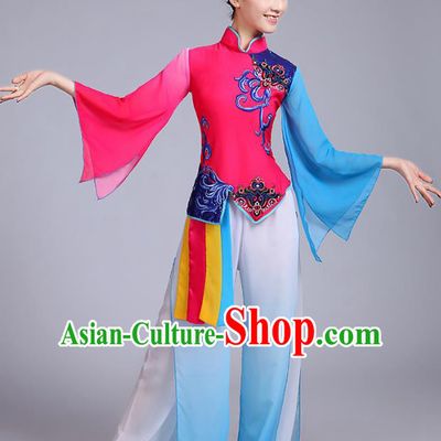 Traditional Chinese Classical Yanko Dance Embroidered Rosy Costume, Folk Yangge Dance Uniform Drum Dance Clothing for Women